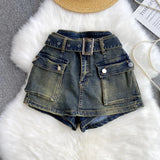 Babes Work Style Skirts Women High-Rise Thins Retro Old Denim Shorts Wide Leg