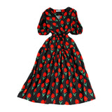 Summer Korean Version Of Gentle Temperament V-Collar Bubble Sleeves Waist A Large Pendulum Broken Flower Dress Elegant Dress-Outfit