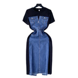 Net Red New Niche Round Collar Short Sleeve Splicing Denim Dress Women Senior Feel Waist-Wear Two Long
