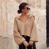 Ardm Za Casual Oversize Brown Woman Sweaters V Neck Knitted Loose Sweater Vintage Lantern Sleeve Female Pullover Women Crop