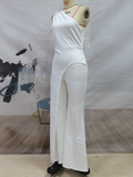 Patchwork Jumpsuits For Women Diagonal Collar Off One Shoulder High Waist Tunic Wide Leg Pants Solid Jummpsuit