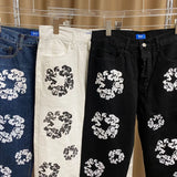 Autumn New High Street Flower Printed Jeans For Men And Women With High Waist And Thin Casual Trousers-Outfit