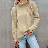 Toloer And Winter New Striped High Leader Mouth Button Sweater Solid Color Casual Loose Plus Size Sweater Woman-Outfit