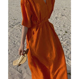 Casual V-neck Pockets Dress for Women 2022 Summer Women Holiday Dresses Solid Loose Orange Dress French Vestido