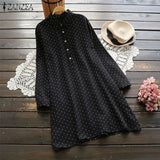 2021 Autumn Polka Dot Long Shirt Vestido Vintage Women Blouse Casual Lapel Neck Long Sleeve Loose Cotton Linen Top