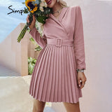 Simplee Elegant v-neck A-line pleated midi dress women green Office long sleeve belt blazer dresses Casual female vestidos