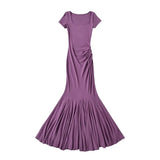 Trendy Women's Dress Small Man Step By Step Lotus Short-Sleeved Dress Square Collar Retro Slim Temperament Fish Tail Long Skirt-Outfit