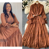 Court Retro Elegant Dress Women's Collar Horn Sleeves To Close Single Buckle Lace Splicing Large Swing