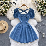 Women Summer Light Blue Denim Midi Dress Korean Style Short Sleeve Lapel Pockets Square Collar Casual Jean Dresses