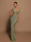Halter Deep V Neck Sequin Maxi Dress-Outfit