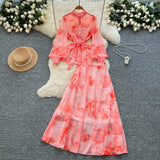 Temperament Two Sets Of Female High-Grade Style Straps To The Waist Lantern Sleeve Print Chiffon Top + High Waist