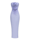 Blue Strapless 3D Flower Ruched Maxi Dress-Outfit