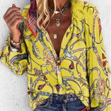 Lady Vintage Blouse Women Spring Autumn Chain Print Long Sleeve Loose Shirt Tops Single-breasted Overtsized