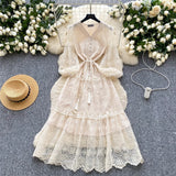 High-End Elegant Dress Female Senior Sense Strap To The Waist Lantern Sleeve Embroidered Mesh A Word Over Knee
