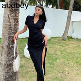Dress 2022 White Black V Neck Tight Knitted Dress With Slit Y2k 90s Plus Size Short Sleeve Bodycon Midi Womens