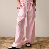 Women Y2K Aesthetic Wide-Leg Pants Stripe Drawstring High Elastic Waist Trousers Spring Fall Retro Sweatpants Bottoms-Outfit