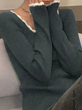 Contrast Color Trim Slim Long Sleeve Knit-Outfit