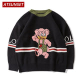 Cartoon Hello Pink Bear Embroidery Sweater Harajuku Retro Style Knitted Sweater Autumn And Winter Cotton Pullover