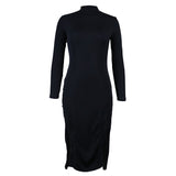 Toloer Spot 2023 Autumn Solid Color Sexy Slim Double Slit Half High Collar Long Sleeve Pit Dress-Outfit