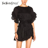 Ruffles Dress For Women Petal Sleeve High Waist Lace up Irregular Mini Dresses Female Fashion Korean Clothing