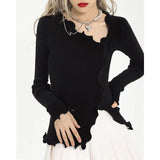 Sexy Irregular Pullovers Women V-neck Split Ruched Designer Knitted Sweater Ladies Elegant Slim Jumpers Autumn Chic