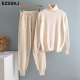 2022 2 Pieces Set Women Knitted Tracksuit Turtleneck Sweater + Carrot Jogging Pants Pullover Sweater Set CHIC Knitted