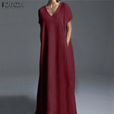 Summer Maxi Dress ZANZEA Elegant Beach Sundress Casual V Neck Vestidos Female Party Short Sleeve Robe