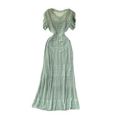 Korean Ins Short Sleeve V-Neck Hepburn Style Temperament To Show Thin Dress Women's Waist Bag Hips Long Skirt