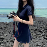 Toloer Chic Spring Retro Niche Lapel Slim Slim Pure Color Short Sleeve Short Package Hip Dress Short Skirt-Outfit