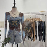 Shooting Pure Sexful V-Neck Umbilly T-Shirt Female Hairy Denim Butterfly Embroidered Mesh Yarn Long Sleeve Top