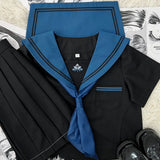 School Girl JK Uniform Skirts Suit Women Girl Bow Sailor Blouses Pleated Short Skirt Sailor Uniform JK Navy Costumes-Outfit