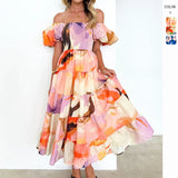 Summer New Temperament Elegant Print Shoulder Holiday Style Sexy Loose Dress