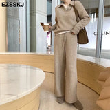 2 Pieces Set Women oversize Tracksuit polo collar Sweater Pullover straight pants Sweater Set CHIC Knitted Outwear sweater