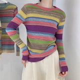 Rainbow Sweater Women Super Soft Stretchy Multicolor Striped Knit Striped Jumper Pullover Female Spring Autumn
