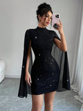 Women's Round-Neck Pitted Pearl Chiffon Cape-Topped Dress