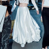 Toloer Fashion Solid Color A-Line Skirt 2023 Summer New Flower Bud Silhouette Satin Hanging Feeling Half Middle Skirt-Outfit