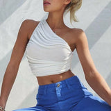 Ruched One Shoulder Crop Top-Outfit