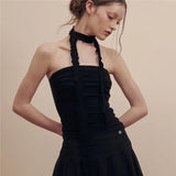 Toloer 2024 New Women's Solid Color Slim Fashion One Word Collar Pleated Sexy Show Back Vest-Outfit