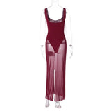 Solid Strap Mesh Bodysuit Maxi Dress-Outfit