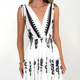 Summer New Positioning Print V-Neck Waist Swing Dress Ladies