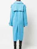 Toloer 2024 New Fashion Hollow Design Sense Kink Waist Show Thin Long Blue Plush Coat Female-Outfit