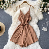 Backless Strap Rompers Women Fashion Sleeveless V Neck Solid Short Jumpsuits Summer Korean Wide Leg