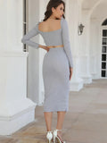 Hot Girl Knitted Dress Suit Skirt Autumn And Winter Long-Sleeved Short Navel Blouse + Hip Fork Skirt-Outfit