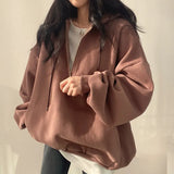 Solid Color Half Zip Up Oversized Hoodie-Outfit