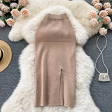 Solid Color Skirt Winter With Sweater High Waist Thin Temperament Open Elastic Knitted Hip Long
