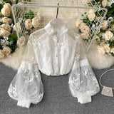 Retro Mesh Lace Tops Women's Stand Collar 3D Embroidered Long Lantern Sleeve Court Slim Shirt Elegant Blouse