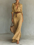 Women's Autumn Elegant Temperament Sexy Solid Color Irregular Folds Containing Belt