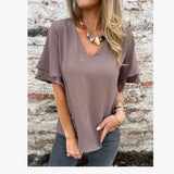 Summer Solid Female Loose V-Necked Leaf Sleeve Top High Temperature Stereotyped