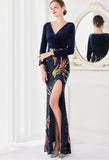 Winter Elegant Velvet With Sequins Deep V Neck Long Sleeve Slit Cocktail Eevening