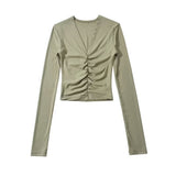 Fashion Women's Fashion Spring New Sexy Spice Girl Slim And Thin T-Shirt With V-Collar Pleated Long Sleeves-Outfit
